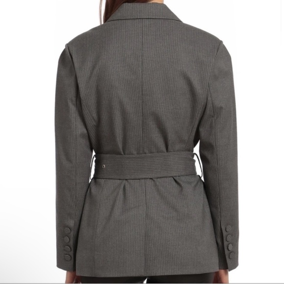 Avec Les Filles Women’s Grey Pinstriped Belted Blazer Jacket Suit Offixe Wear - Picture 2 of 13